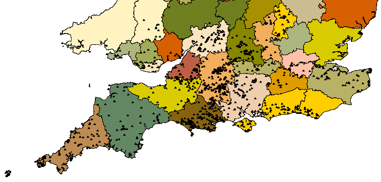 Distribution of sites in study area for all periods - links to online gazetteer