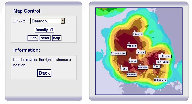 The ARENA Where search: density of records for all periods in Denmark