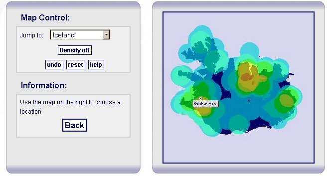 The ARENA Where search: density of records for all periods in Iceland