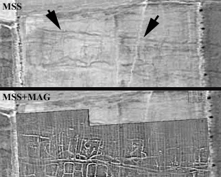 Sub-sections of Figures 9 and 10 combined to show the difference between the MSS and Geophysical results. Note the dark lines identified by
 arrows in the MSS data but not showing in the gradiometer data at all.