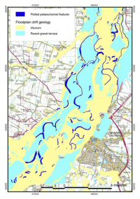 Surface-visible palaeochannels near Newark-on-Trent, Notts overlaid onto OS map.