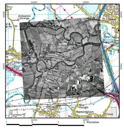 Rectified aerial photograph in map context showing surface-visibility of fluvial features