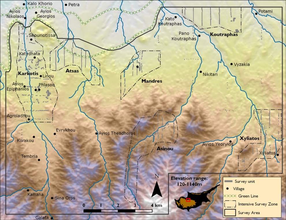 Figure 2: Map of the survey area, showing intensive survey zones and transects of survey units. Map: Hugh Corley.