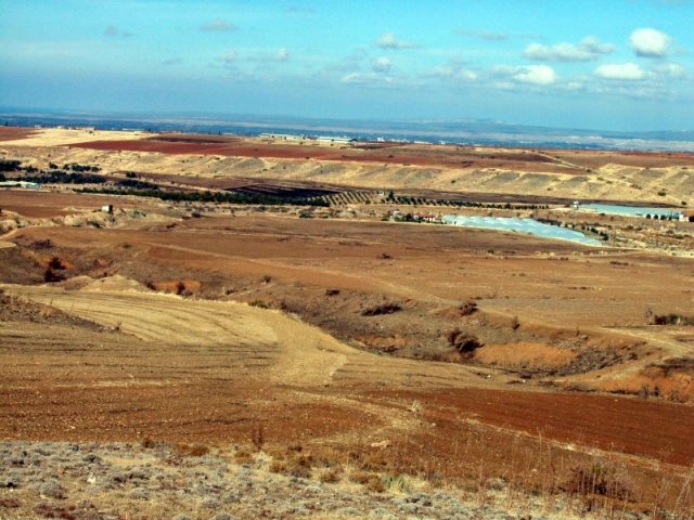 Figure 43: Lagoudhera river valley in the middle ground, Koutraphas Intensive Survey Zone on the plateau beyond it, Kato Koutraphas village just off the photo to the left, and the location of Nikitari Petrera (TP242) in the fields in the centre of the photo. Taken from the south. Photograph: Hugh Corley. 