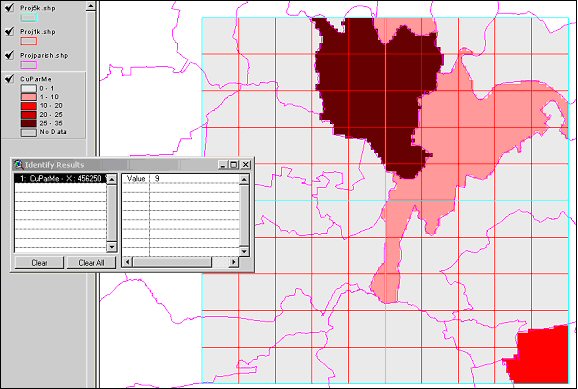 Figure 4: Screen shot from ArcView 3.3 showing the raster data for the CuMe ADI process for the project area.