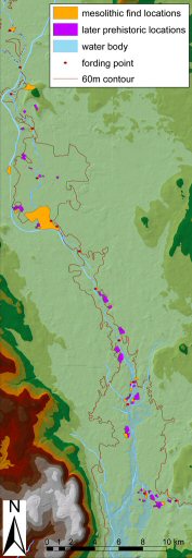 Figure 10: Middle Barrow Valley study area, showing fording points and prehistoric find locations