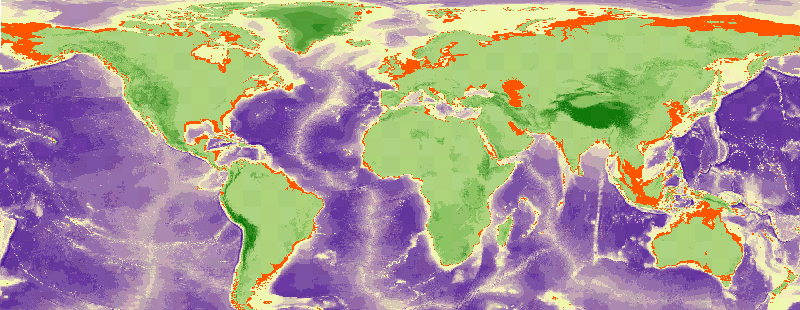 Figure 5 - Map illustrating the emergent parts of the continental shelves worldwide during the last glacial maximum. The figure assumes a glacial eustatic lowstand of 120m below present sea level (Fairbanks, 1989) and does not take into account glacially induced flexural uplift in high-latitude regions adjacent to large ice sheets or neotectonic (Holocene) uplift or subsidence. (ETOPO2 v.2 bathymetric dataset provided, courtesy of  NOAA [National Geophysical Data Centre].)