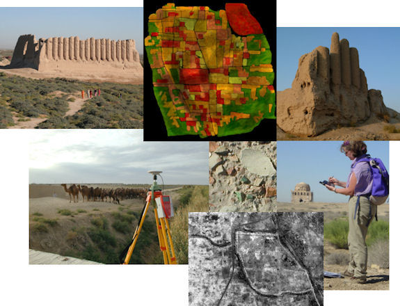 Composite image of the Merv landscape, the process of surveying, aerial photograph and artistic representation of the city