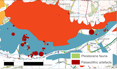 The faunal remains and Palaeolithic artefact locations overlain on the areas identified as having Palaeolithic potential along the Carrant Brook in south Worcestershire