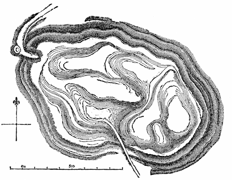 Figure 2: Plan of 'ancient camp on Moel Fenlli' (Ffoulkes 1850). (Original published at approximately 1:6666.)