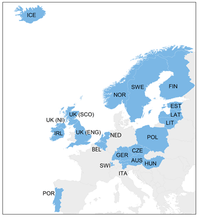 Distribution of countries responding to the survey