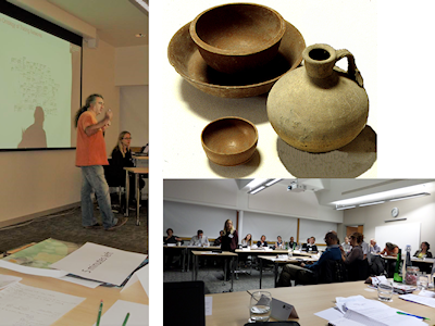 Composite image showing BDRT workshop in progress, and a collection of Roman pottery from the House of the Menander, Pompeii