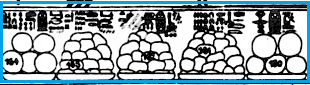 Figure 1b: Depiction of the Hall of the Annals scene at Karnak showing the tribute given by Thutmosis III to the temple. Close-up showing baskets of glass and precious stone. The scene reads right to left, so basket 1 with the five round objects is at the far right with two baskets of irregularly shaped lumps to its left. (adapted from a drawing by Wreszinski 1922, in Wreszinski 1931)