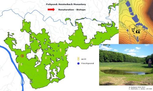 A map showing the Heisterbach monastery fishponds, with an accompanying image of a fishpond surrounded by grassland