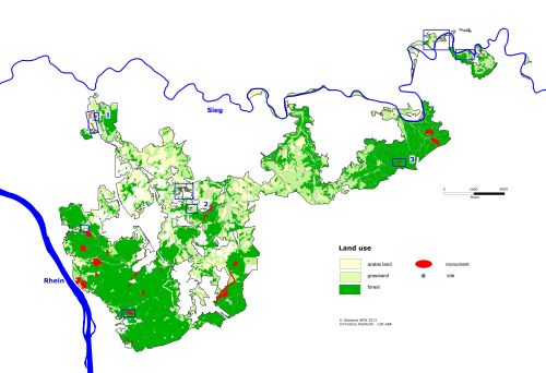 A map showing archaeological monuments and sites in the different management areas