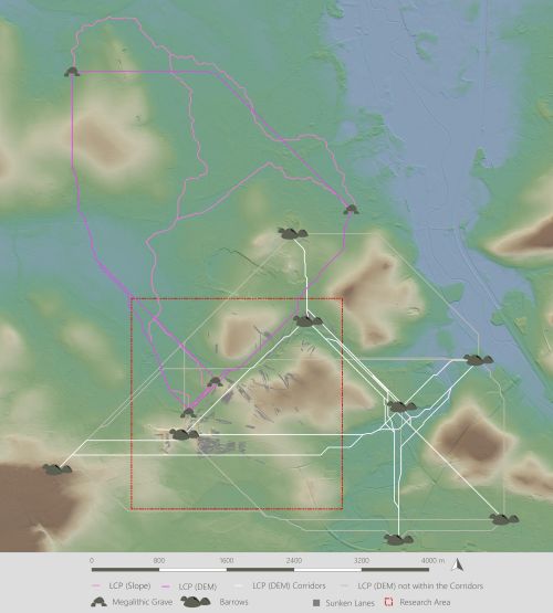 A map showing the reconstructed traffic and communication corridors. Late Neolithic time slice (purple), Metal Ages (white). (Graphics: Leo Klinke)