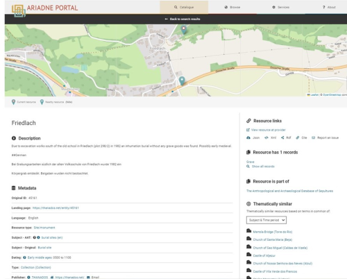 screenshot of the burial site of Friedlach record on the ARIADNEplus portal
