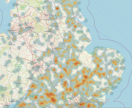 heatmap overlaid on a map of England