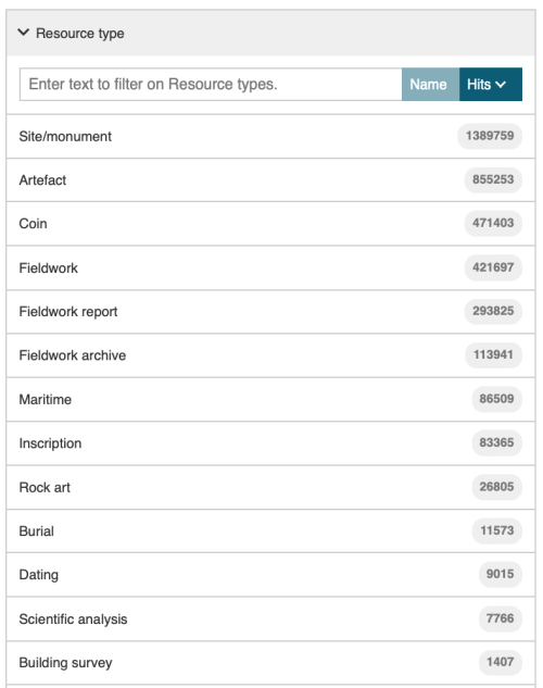 A screengrab of the Resource filter in the ARIADNE portal