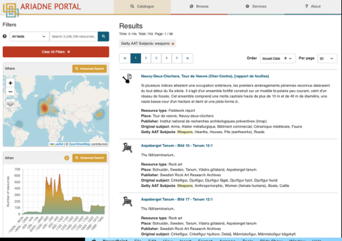 Screengrabs of search results for a search on 'weapons on the ARIADNE portal'