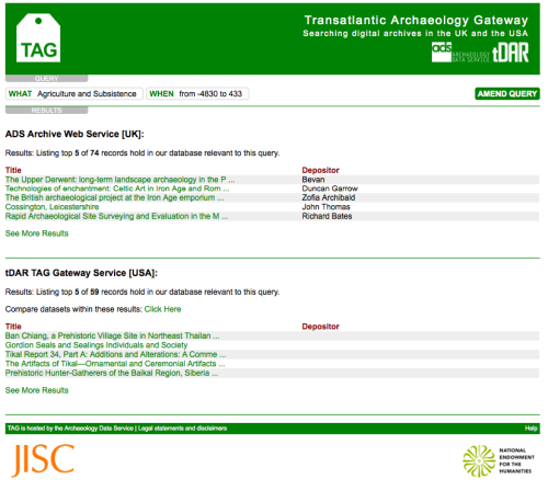 A screengrab of the Transatlantic Archaeology Gateway (2009-11), showing a cross-search across the archives of the ADS and tDAR