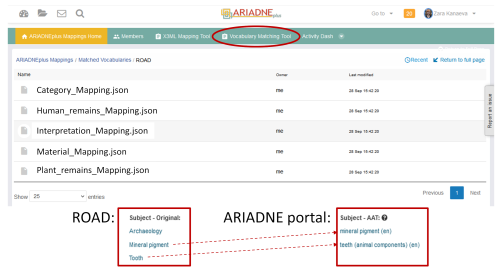 Screenshot of the vocabulary matching tool in ARIADNE