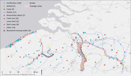 a map showing a schematic representation of the strategically important areas in Belgium during the Second World War, combined with the 172 archaeological sites with traces of WWII