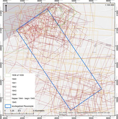 Diagram showing the coverage of a study area along the coast (Raversijde-Koekelare) with 178 historic aerial pictures.