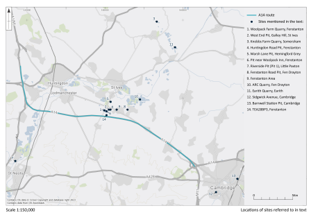 map showing the locations of 14 sites near to St Ives and their position in relation to the a14